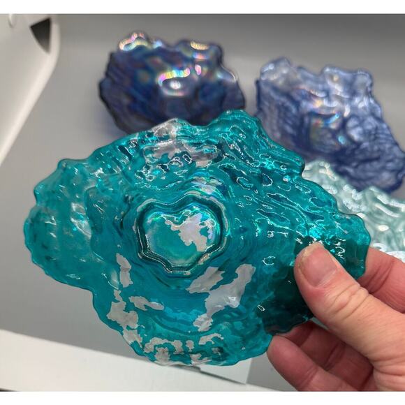 Four Vietri Ostrica Art Glass Oyster Shell Teal Blue Textured Trinket Dish 6.5” - Picture 7 of 12